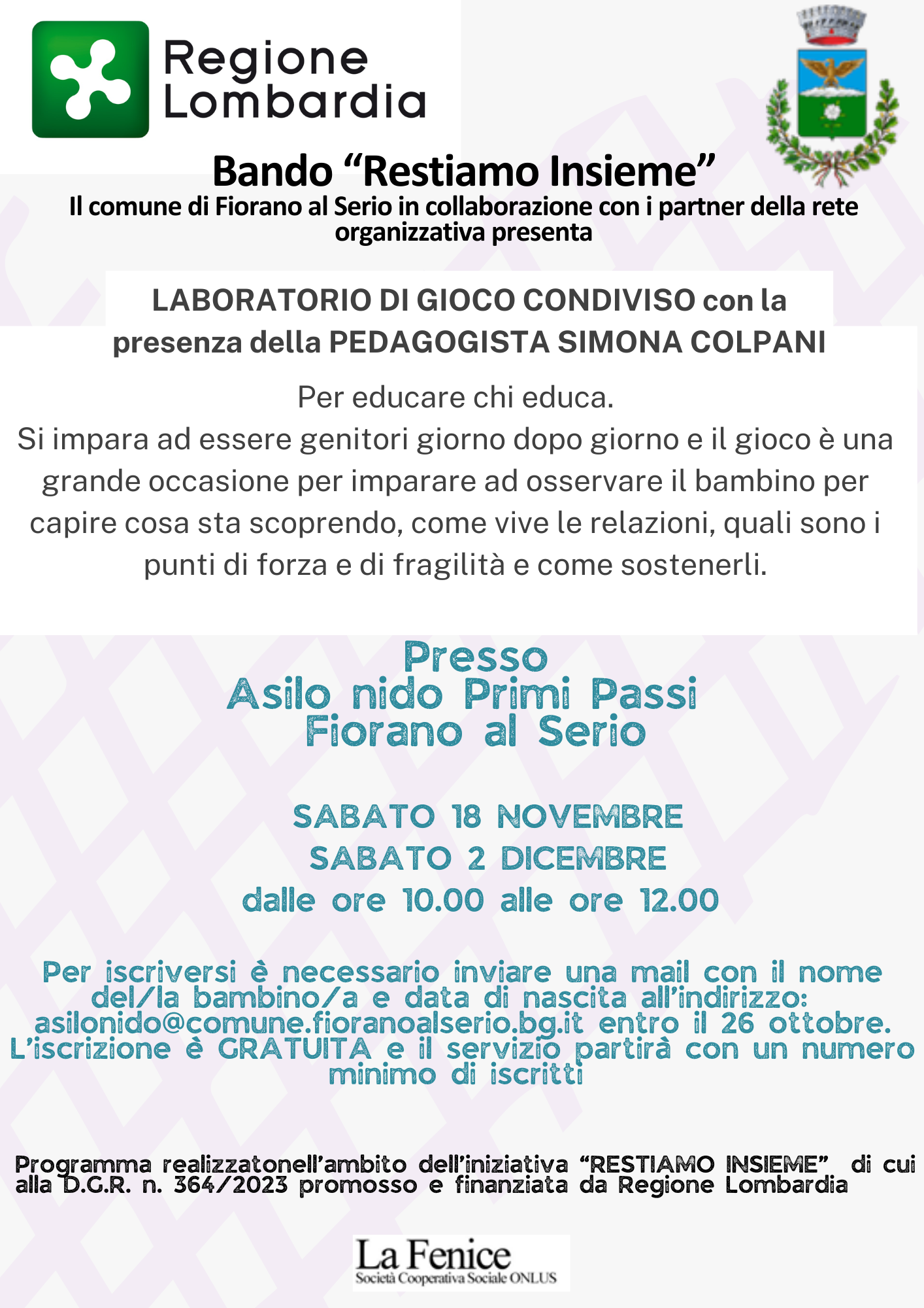 SABATO 18 NOVEMBRE E SABATO 2 DICEMBRE dalle ore 10 alle 12 presso l'Asilo Nido comunale